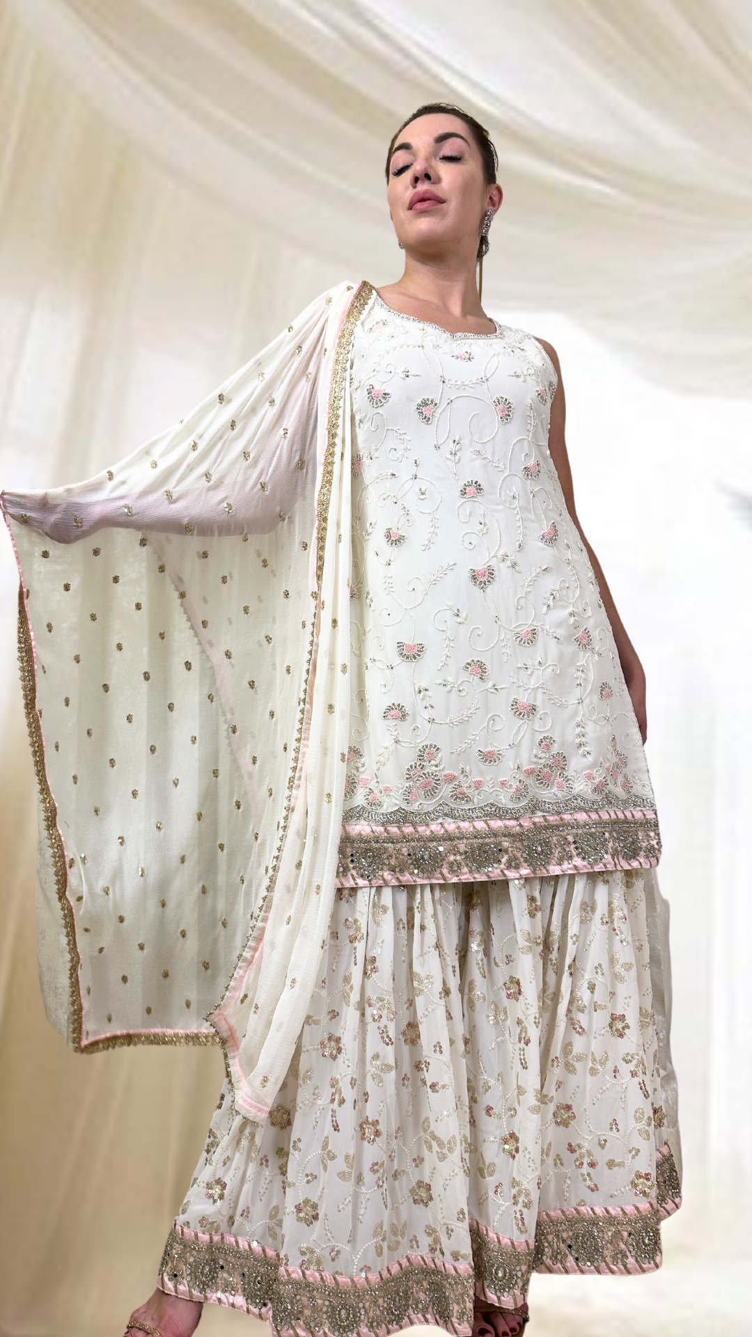 White Georgette Embroidered Sharara Suit at Rs.1050/Piece in surat offer by  Royal Export