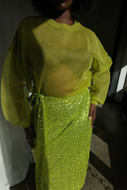 Lime Sequin Maxi Wrap Jaspre Skirt