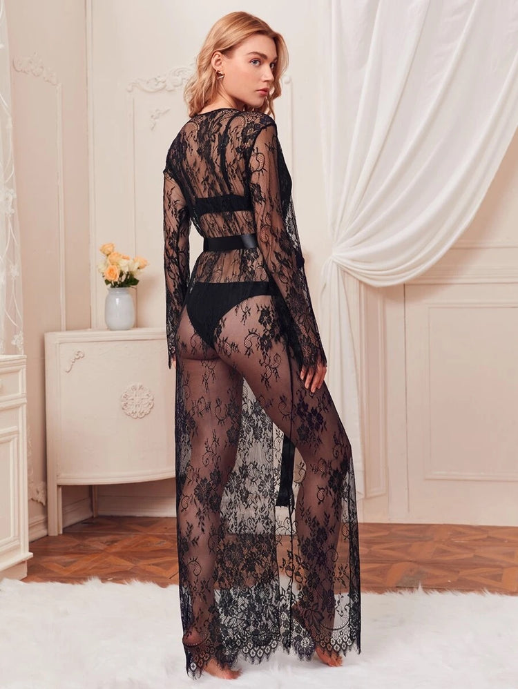 Floral Lace Belted Sheer Robe