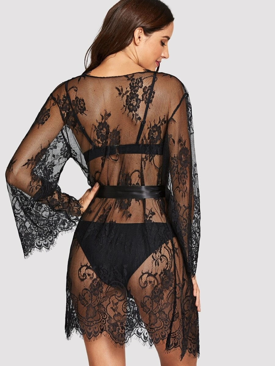 Floral Lace Robe with Thongs