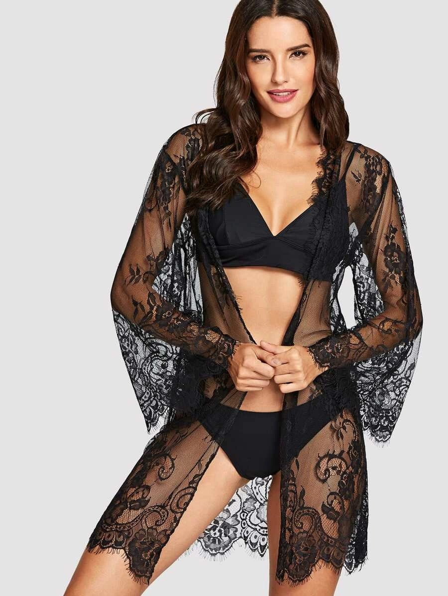 Floral Lace Robe with Thongs